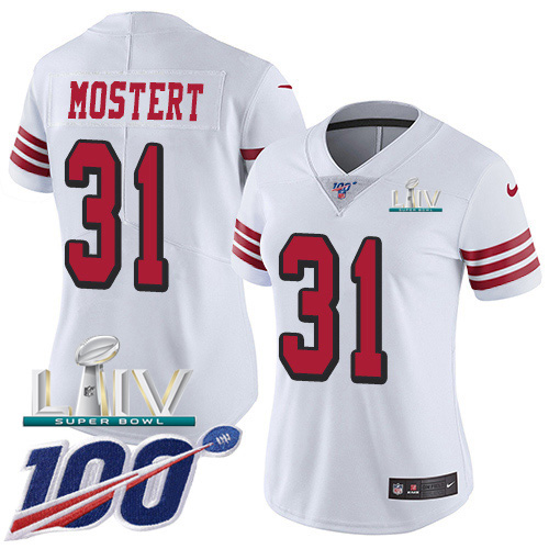 San Francisco 49ers Nike #31 Raheem Mostert White Super Bowl LIV 2020 Women Stitched NFL Limited Rush 100th Season Jersey->women nfl jersey->Women Jersey